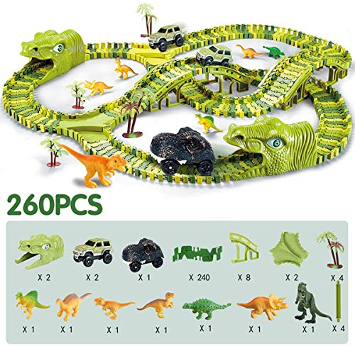 burgkidz Dinosaur Kids' Play Car Race Tracks, 260 Pcs Flexible Dinosaur Train Track with 7 Dinosaurs Figures, 3 Race Cars Vehicle Playset with Lights to Create A Dinosaur World for Boys Girls Ages 3+