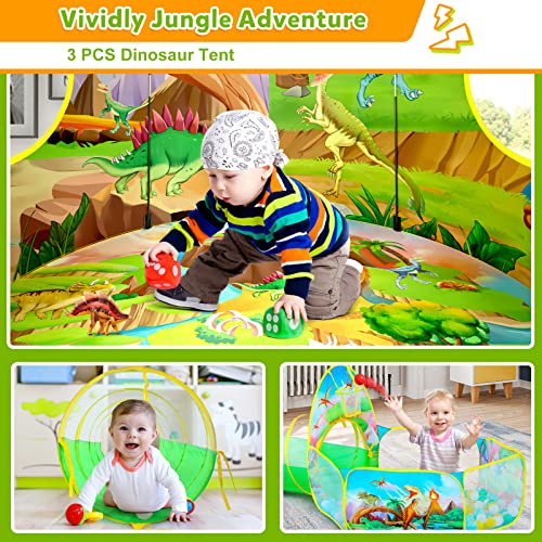Sanobear 3PC Dinosaur Tent for Boys with Kids Ball Pit, Kids Play Tents and Crawl Tunnel for Toddlers, Pop Up Playhouse Toys for Baby Indoor & Outdoor Tent Games, Birthday Kid’s Gifts, (ZSDB0001)
