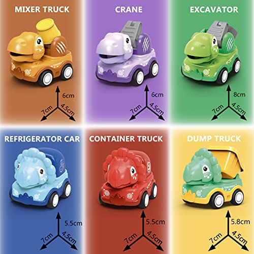 Dinosaur Cars for 2 Year Old Boys, Baby Dino Pull Back Trucks with Play Mat Storage Bag, 6 Pcs Friction Powered Construction Vehicles for Toddler, Kids Dino Truck Birthday Gift for Infant Girl Age 1-3