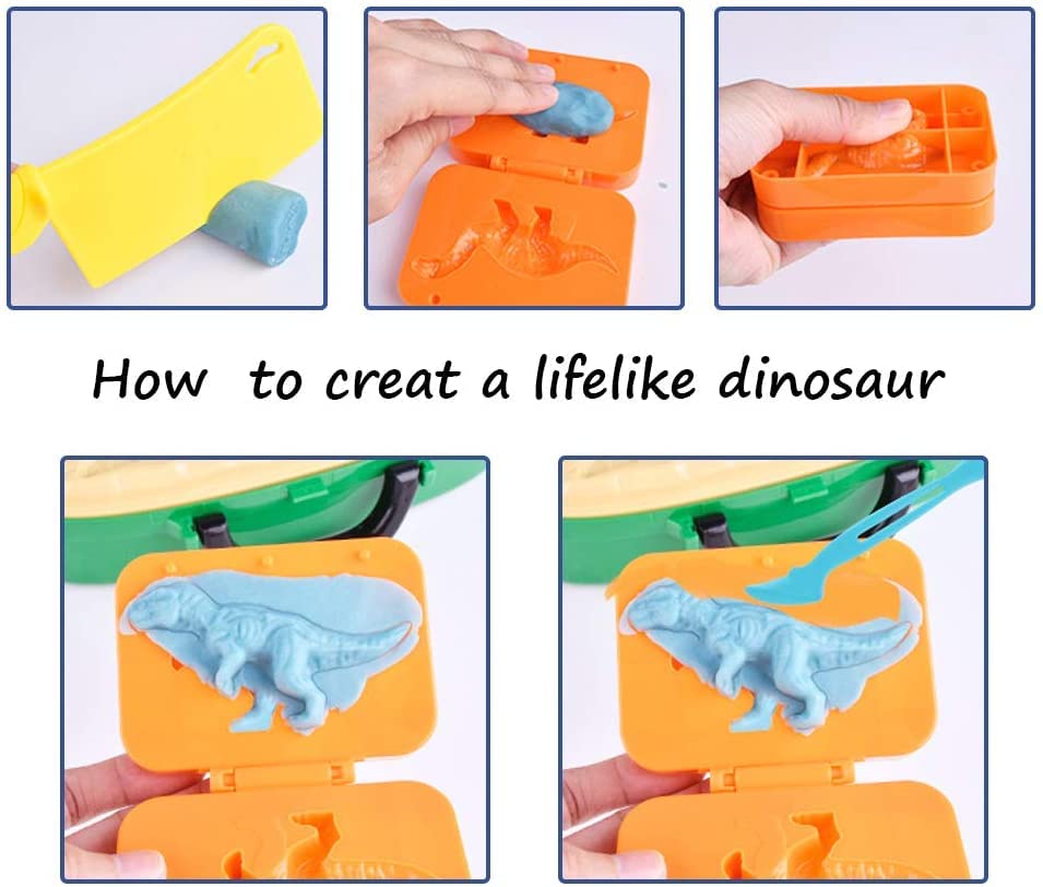 Crelloci Dinosaur Playdough Set Play Dough Tools Dino World 26PCS Playsets Toy Clay Accessaries Dough and Moulds in a Portable Case with Wheels for Kids Toddlers Children