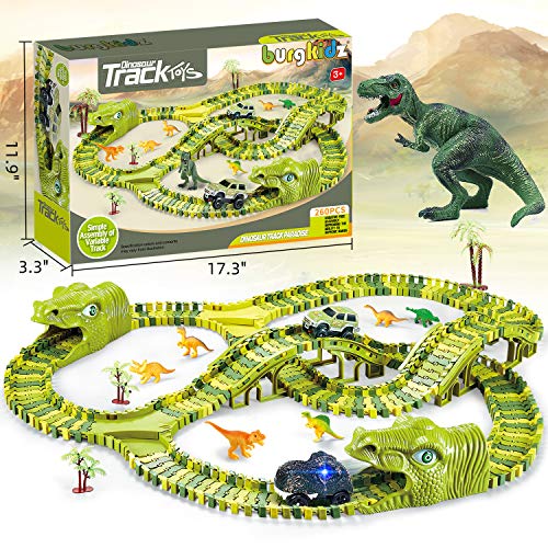 burgkidz Dinosaur Kids' Play Car Race Tracks, 260 Pcs Flexible Dinosaur Train Track with 7 Dinosaurs Figures, 3 Race Cars Vehicle Playset with Lights to Create A Dinosaur World for Boys Girls Ages 3+