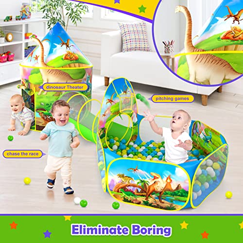 Sanobear 3PC Dinosaur Tent for Boys with Kids Ball Pit, Kids Play Tents and Crawl Tunnel for Toddlers, Pop Up Playhouse Toys for Baby Indoor & Outdoor Tent Games, Birthday Kid’s Gifts, (ZSDB0001)