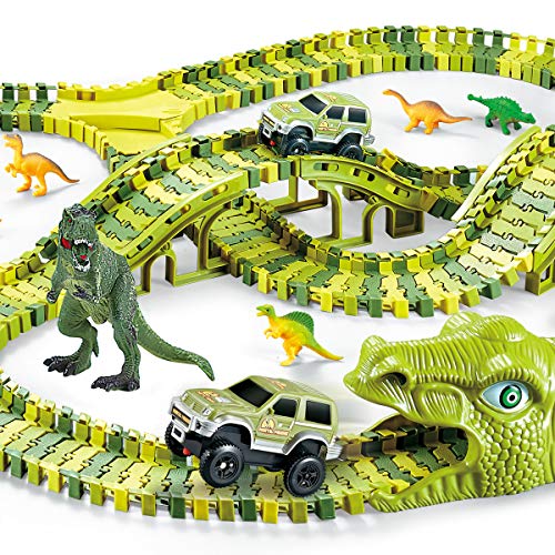 burgkidz Dinosaur Kids' Play Car Race Tracks, 260 Pcs Flexible Dinosaur Train Track with 7 Dinosaurs Figures, 3 Race Cars Vehicle Playset with Lights to Create A Dinosaur World for Boys Girls Ages 3+