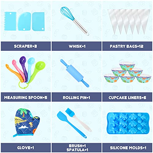Aoskie Kids Baking Set with Dinosaur Apron, Chef Hat, 34Pcs Children's Baking Kit Role Play Toys for 3 4 5 6 7 8 Year Old Boys (Blue)