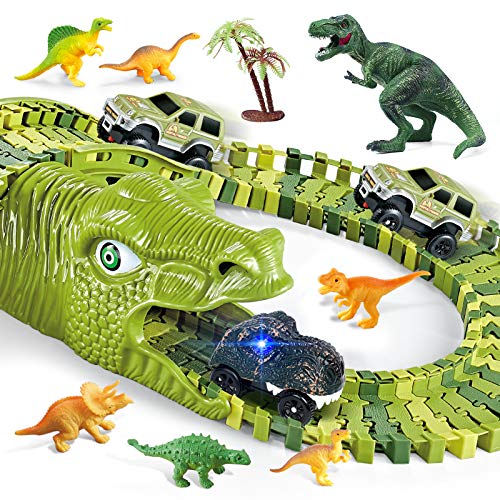 burgkidz Dinosaur Kids' Play Car Race Tracks, 260 Pcs Flexible Dinosaur Train Track with 7 Dinosaurs Figures, 3 Race Cars Vehicle Playset with Lights to Create A Dinosaur World for Boys Girls Ages 3+