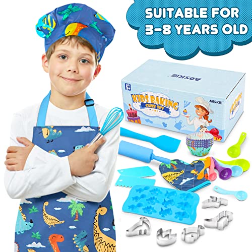 Aoskie Kids Baking Set with Dinosaur Apron, Chef Hat, 34Pcs Children's Baking Kit Role Play Toys for 3 4 5 6 7 8 Year Old Boys (Blue)