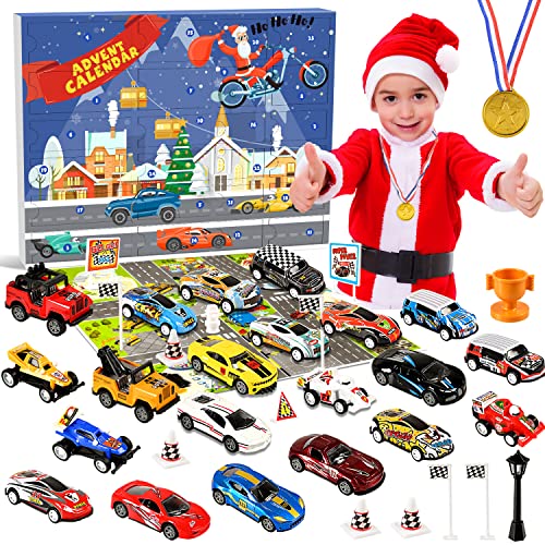 Humairc Toy Cars Advent Calendar 2022, 24 Racing Cars with Road Map - Toy Cars Calendar Kids Christmas Surprise Gifts 2022 Christmas Toys Boys 2-9 Year Old Children Christmas Calendar