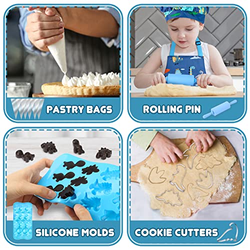 Aoskie Kids Baking Set with Dinosaur Apron, Chef Hat, 34Pcs Children's Baking Kit Role Play Toys for 3 4 5 6 7 8 Year Old Boys (Blue)