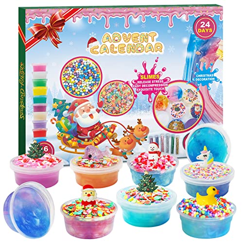 Christmas Slime Advent Calendar 2023 for Girls and Boys Christmas DIY Galaxy Crystal Slime Making Kit 24 Days Countdown Calendar Xmas Holiday Brithday Party Gift for Toddler Kids Teens