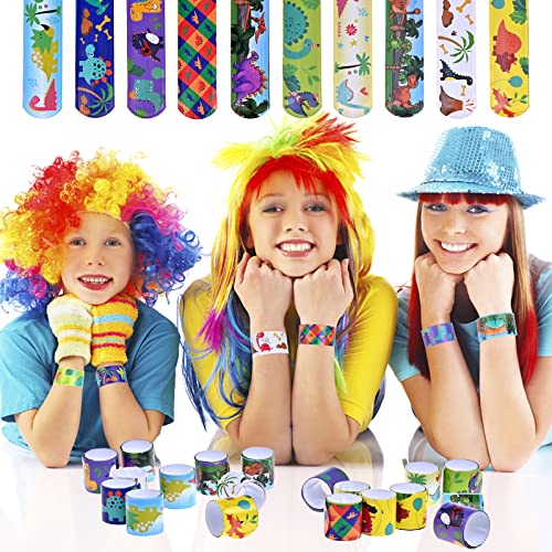 GOLDGE 24PCS Slap Bands for Kids Cute Dinosaurs Slap Bracelets for Party Bags Party Bag fillers Party Flavors Snap Bands Bracelets Party Suppiles Gift Toys for Kids