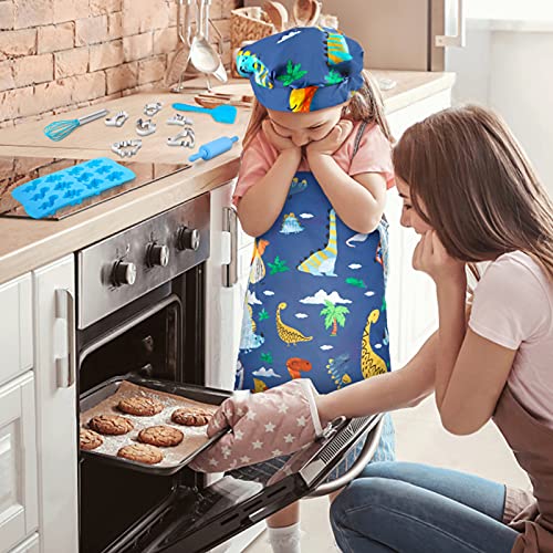 Aoskie Kids Baking Set with Dinosaur Apron, Chef Hat, 34Pcs Children's Baking Kit Role Play Toys for 3 4 5 6 7 8 Year Old Boys (Blue)