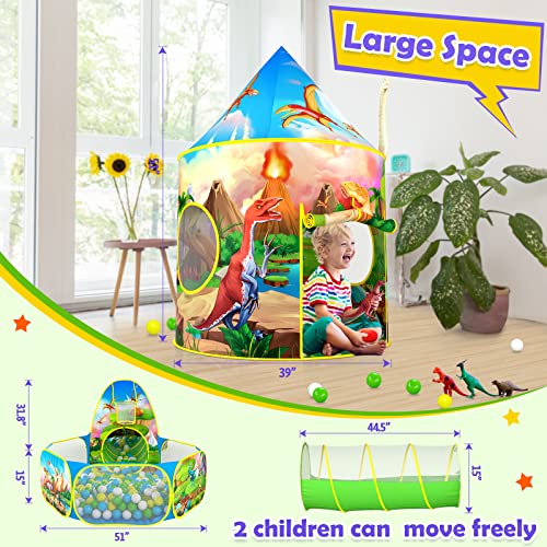 Sanobear 3PC Dinosaur Tent for Boys with Kids Ball Pit, Kids Play Tents and Crawl Tunnel for Toddlers, Pop Up Playhouse Toys for Baby Indoor & Outdoor Tent Games, Birthday Kid’s Gifts, (ZSDB0001)