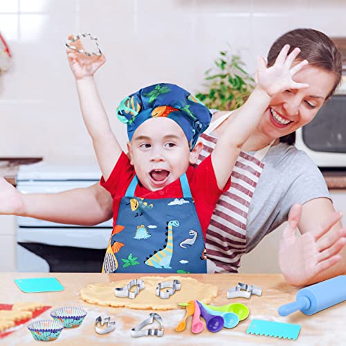 Aoskie Kids Baking Set with Dinosaur Apron, Chef Hat, 34Pcs Children's Baking Kit Role Play Toys for 3 4 5 6 7 8 Year Old Boys (Blue)