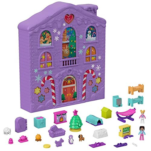 Polly Pocket Advent Calendar, Winter House Design, 4 Floors with 8 Rooms, 25 Surprises to Discover, toys for Ages 4 Years Old & Up, HHX84