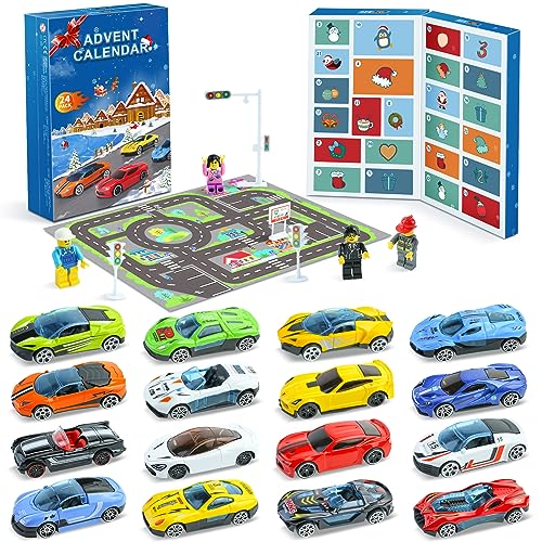 Mini Racers Advent Calendar 2023 for Kids, 24PCS Alloy Cars Christmas Countdown Calendar Toys with Exquisite Cars Minifigure Racetrack Playing Mat for Boys Girls Xmas Holiday Birthday Surprise Gift