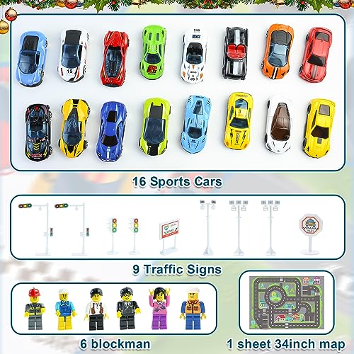 Mini Racers Advent Calendar 2023 for Kids, 24PCS Alloy Cars Christmas Countdown Calendar Toys with Exquisite Cars Minifigure Racetrack Playing Mat for Boys Girls Xmas Holiday Birthday Surprise Gift