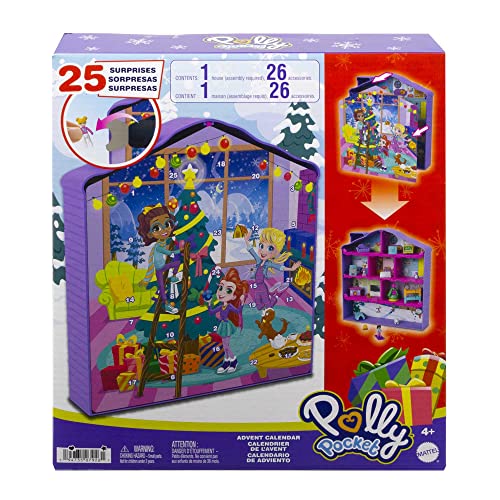 Polly Pocket Advent Calendar, Winter House Design, 4 Floors with 8 Rooms, 25 Surprises to Discover, toys for Ages 4 Years Old & Up, HHX84