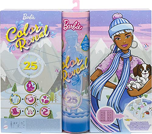 Barbie Color Reveal Advent Calendar, 25 Surprises Include Color Reveal Barbie Doll, 1 Color Reveal Pet, Clothes, Accessories & Kid-Sized Bracelet with 2 Charms, Gift for Kids 3 Years Old & Up