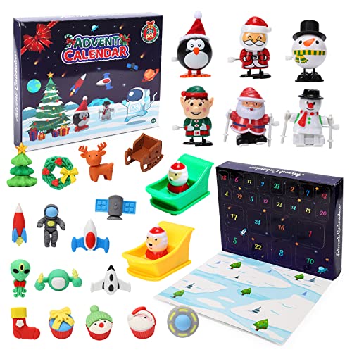 FunsLane Advent Calendar 2022 for Kids with 24 Days Christmas Countdown Calendar, 8 Wind-Up Toys Santa Pull Back Car+16 Rubber Erasers Xmas Toy Gifts for Boys Girls Toddler Christmas Stocking Stuffers
