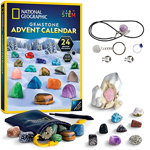 NATIONAL GEOGRAPHIC Gemstone Advent Calendar - Advent Calendar for Kids with 24 Gemstones to Open Each Day, a Complete Rock Collection Christmas Countdown Calendar with Mini Gemstone Dig Kit