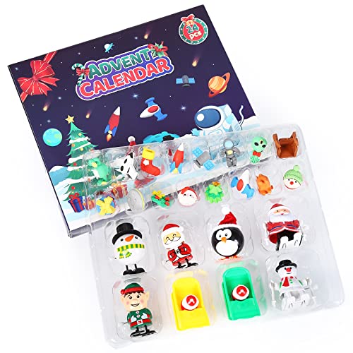 FunsLane Advent Calendar 2022 for Kids with 24 Days Christmas Countdown Calendar, 8 Wind-Up Toys Santa Pull Back Car+16 Rubber Erasers Xmas Toy Gifts for Boys Girls Toddler Christmas Stocking Stuffers