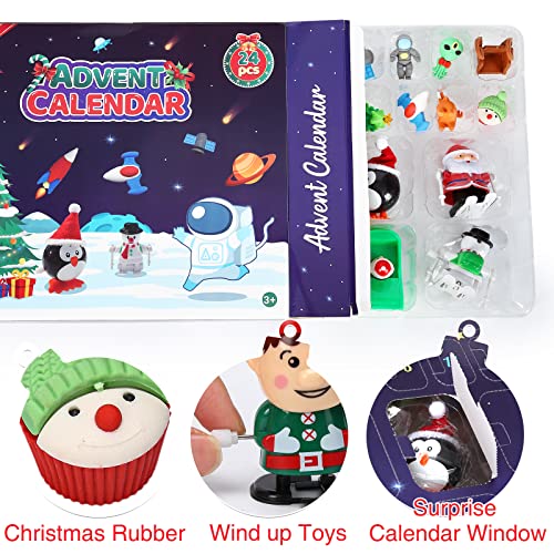 FunsLane Advent Calendar 2022 for Kids with 24 Days Christmas Countdown Calendar, 8 Wind-Up Toys Santa Pull Back Car+16 Rubber Erasers Xmas Toy Gifts for Boys Girls Toddler Christmas Stocking Stuffers