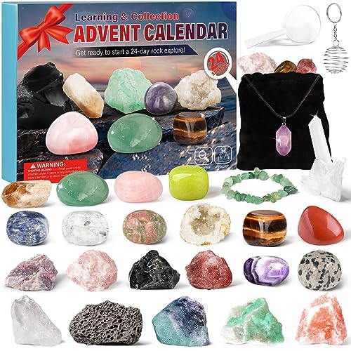 Advent Calendar 2023 Crystal - Christmas Countdown Calendar 24 pcs Collection Rocks, Minerals, Gemstones and Crystals for Explore Learning Collection Gift for Kids Adult Geology Enthusiasts