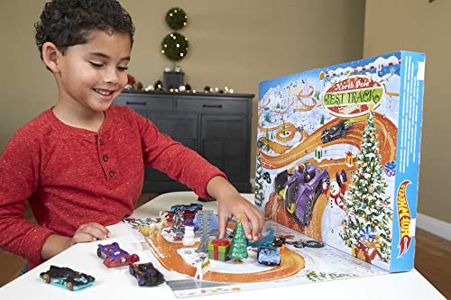 Hot Wheels Advent Calendar with 24 Surprises that Include 8 1:64 Scale Vehicles & Other Cool Accessories, Plus a Play Pane Mat, Holiday Gift for Collectors & Kids 3 Years Old & Up, GTD78