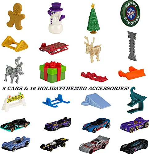 Hot Wheels Advent Calendar with 24 Surprises that Include 8 1:64 Scale Vehicles & Other Cool Accessories, Plus a Play Pane Mat, Holiday Gift for Collectors & Kids 3 Years Old & Up, GTD78