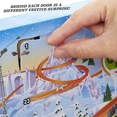 Hot Wheels Advent Calendar with 24 Surprises that Include 8 1:64 Scale Vehicles & Other Cool Accessories, Plus a Play Pane Mat, Holiday Gift for Collectors & Kids 3 Years Old & Up, GTD78