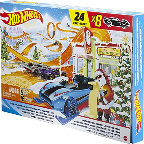 Hot Wheels Advent Calendar with 24 Surprises that Include 8 1:64 Scale Vehicles & Other Cool Accessories, Plus a Play Pane Mat, Holiday Gift for Collectors & Kids 3 Years Old & Up, GTD78