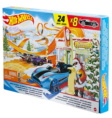 Hot Wheels Advent Calendar with 24 Surprises that Include 8 1:64 Scale Vehicles & Other Cool Accessories, Plus a Play Pane Mat, Holiday Gift for Collectors & Kids 3 Years Old & Up, GTD78