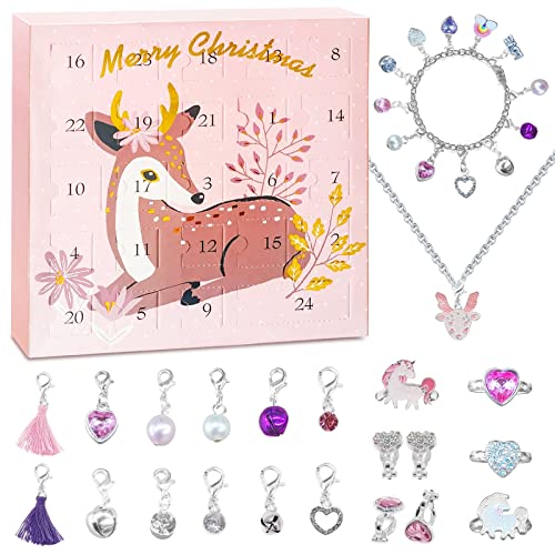 Advent Calendar 2023 for Girls Kids Christmas Countdown Calendar DIY Creative Charm Pendant Bracelet Ring Earrings as Holiday Birthday Party Gift for Daughter Granddaughter Niece with 24PCS