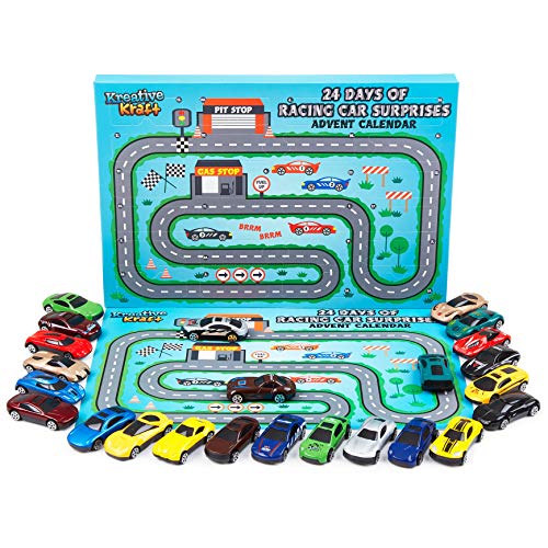 KreativeKraft Advent Calendar 2022 Kids Car Advent Calendars With 24 Diecast Mini Racing Cars To Reveal, Countdown To Christmas Calendars For Boys, Girls - Includes Fold Up Racetrack Playing Mat