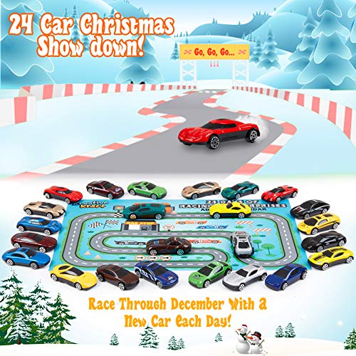 KreativeKraft Advent Calendar 2022 Kids Car Advent Calendars With 24 Diecast Mini Racing Cars To Reveal, Countdown To Christmas Calendars For Boys, Girls - Includes Fold Up Racetrack Playing Mat