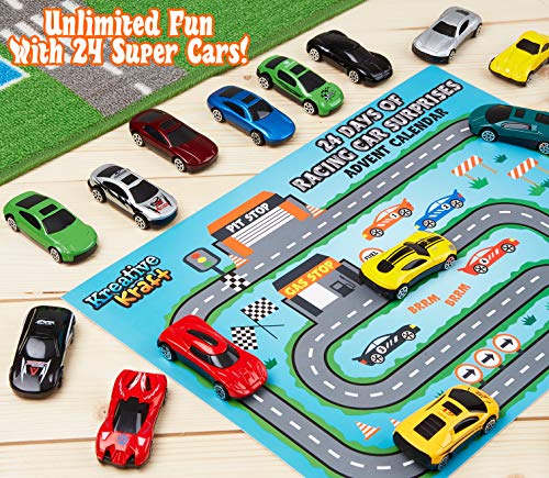 KreativeKraft Advent Calendar 2022 Kids Car Advent Calendars With 24 Diecast Mini Racing Cars To Reveal, Countdown To Christmas Calendars For Boys, Girls - Includes Fold Up Racetrack Playing Mat