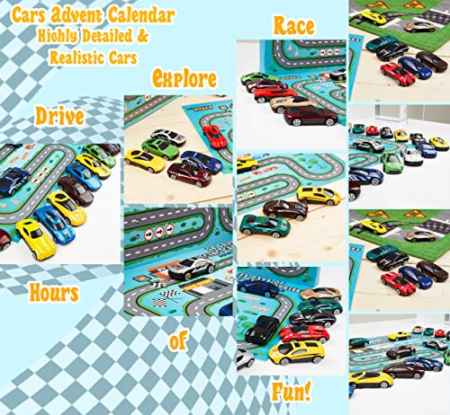 KreativeKraft Advent Calendar 2022 Kids Car Advent Calendars With 24 Diecast Mini Racing Cars To Reveal, Countdown To Christmas Calendars For Boys, Girls - Includes Fold Up Racetrack Playing Mat