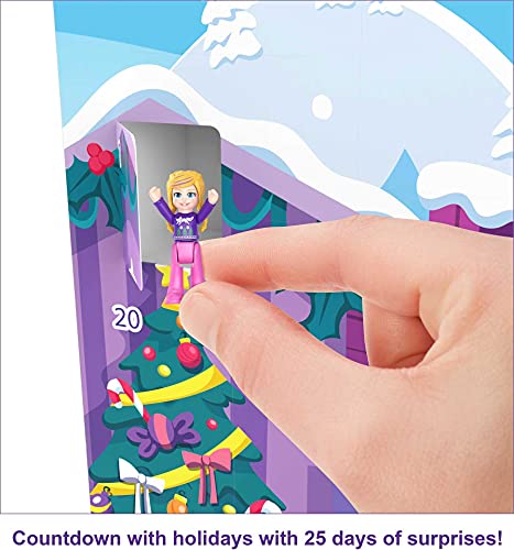 Polly Pocket Advent Calendar with Winter Family Fun Theme & 25 Days of Surprises (34 Total Play Pieces) to Discover: Pocket Family Dolls, Snow Play Vehicles, Toy Treats