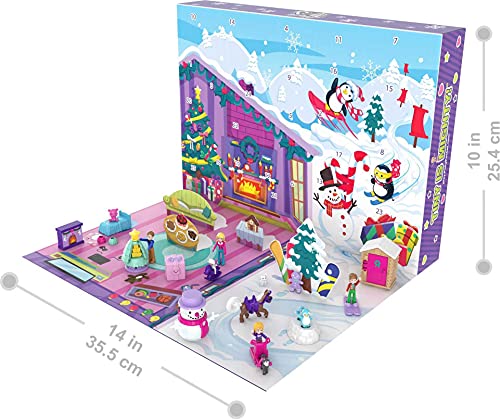 Polly Pocket Advent Calendar with Winter Family Fun Theme & 25 Days of Surprises (34 Total Play Pieces) to Discover: Pocket Family Dolls, Snow Play Vehicles, Toy Treats