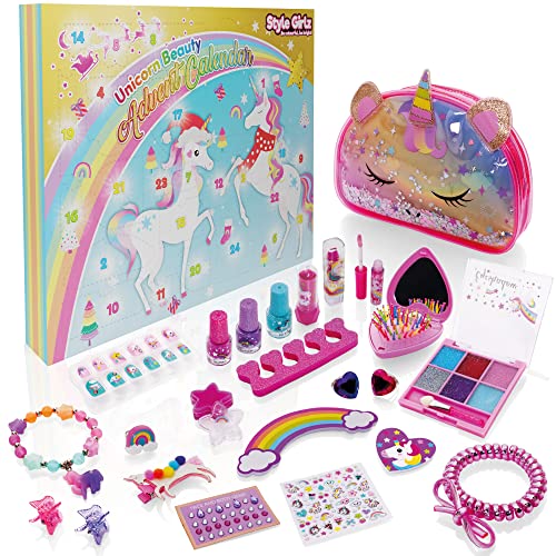 Style Girlz Advent Calendar For Girls 2022 - Includes Unicorn Makeup, Jewellery, Hair Accessories & Cosmetic Storage Bag - Girls Christmas Advent Calendars For Kids