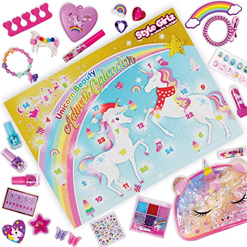 Style Girlz Advent Calendar For Girls 2022 - Includes Unicorn Makeup, Jewellery, Hair Accessories & Cosmetic Storage Bag - Girls Christmas Advent Calendars For Kids