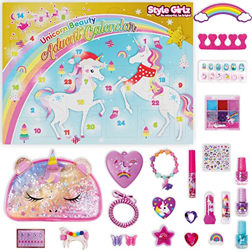 Style Girlz Advent Calendar For Girls 2022 - Includes Unicorn Makeup, Jewellery, Hair Accessories & Cosmetic Storage Bag - Girls Christmas Advent Calendars For Kids