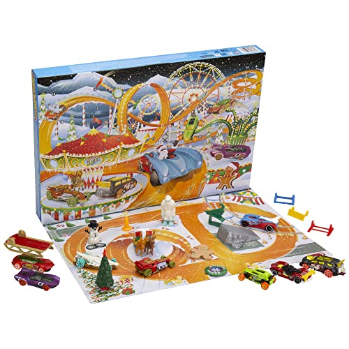 Hot Wheels Advent Calendar, 8 Hot Wheels Holiday-Themed Toy Cars Plus Assorted Accessories with Playmat, Gift & Toys for Kids 3 Years Old & Older, HCW15