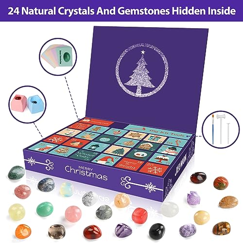 RAMXCION Gemstone Dig Kit, Crystals Advent Calendar 2023,Dig up 24 Real Gems,24 Days Natural Crystal Christmas Countdown Calendar Educational Science Kits Gift for Kids Rock Collection Xmas Boys Girls