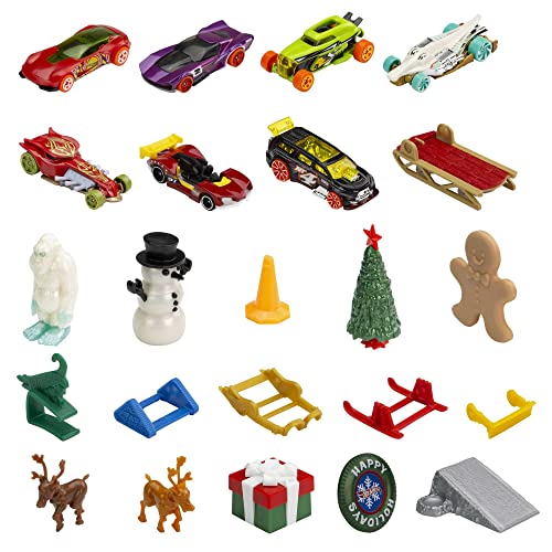 Hot Wheels Advent Calendar, 8 Hot Wheels Holiday-Themed Toy Cars Plus Assorted Accessories with Playmat, Gift & Toys for Kids 3 Years Old & Older, HCW15