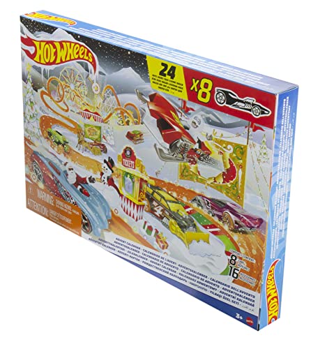 Hot Wheels Advent Calendar, 8 Hot Wheels Holiday-Themed Toy Cars Plus Assorted Accessories with Playmat, Gift & Toys for Kids 3 Years Old & Older, HCW15