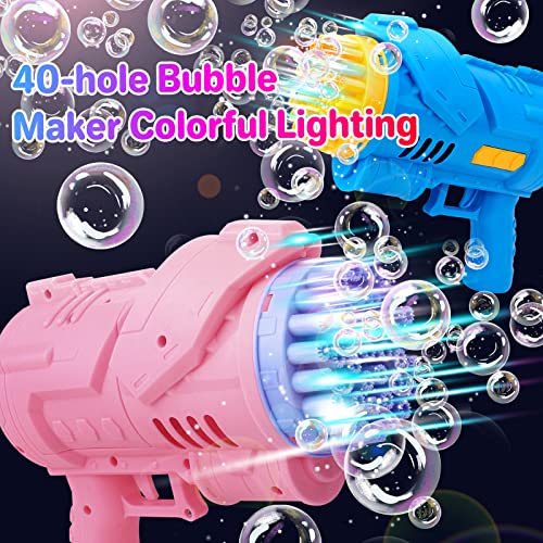 deAO Bubble Machine Gun, Blue Bubble Gun with Lights/Bubble Solution, 40 Holes Bubble Makers for Kids Adults, Summer Toy Gift for Outdoor Indoor Birthday Wedding Party
