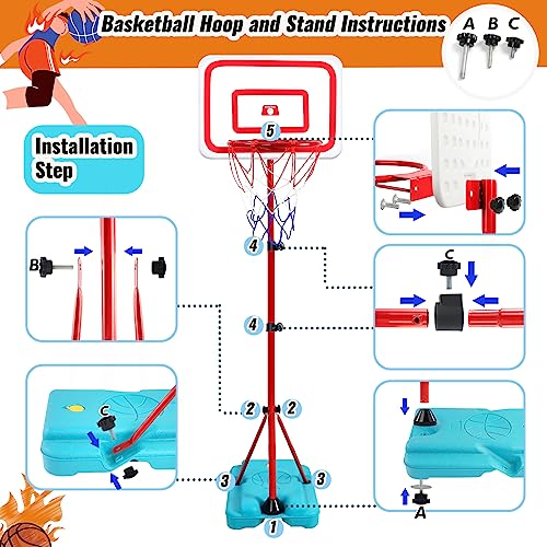 TONZE Kids Basketball Hoop and Stand Height Adjustable,Net and Ball Outdoor Indoor Mini Basketball Hoop Sport Play Set Toys for 4 5 6 7 Year Old Boys Girls(88cm/138cm/190cm)