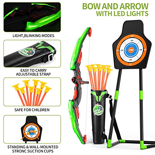 TEMI Bow and Arrow Set for Kids with LED Lights-Archery Set with 10 Suction Cup Arrows, Quivers & Standing Target, Outdoor Toys for Kids Boys & Girls Ages 3-12 Years Old
