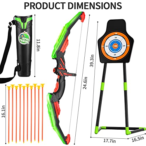 TEMI Bow and Arrow Set for Kids with LED Lights-Archery Set with 10 Suction Cup Arrows, Quivers & Standing Target, Outdoor Toys for Kids Boys & Girls Ages 3-12 Years Old